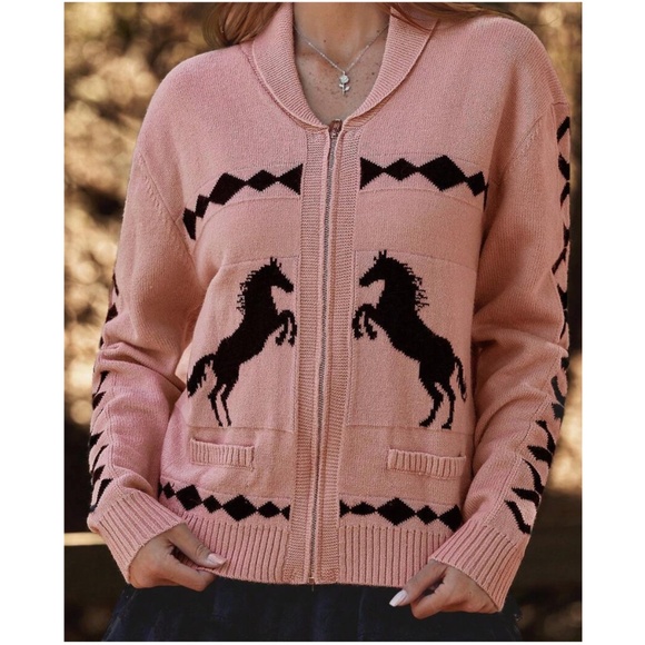 Cozy Western Horse Print Zip up Loose Fit Cardigan - Picture 5 of 5